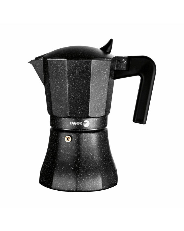 Fagor Tiramisu 3 Italian coffee pot in black aluminum, ideal for brewing rich espresso-style coffee at home