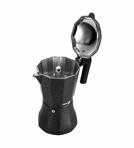 Fagor Tiramisu Italian coffee pot in black aluminum, suitable for brewing espresso and traditional coffee at home.