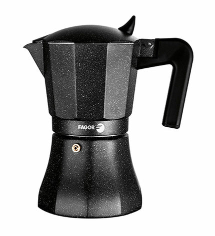 Fagor TIRAMISU 3 Italiaanse koffiepot in zwart aluminium for brewing espresso and coffee at home.