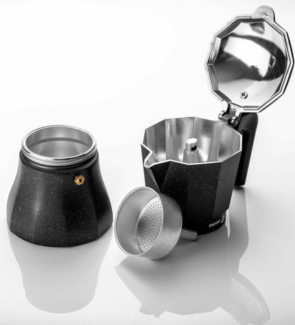 Fagor Tiramisu Italian coffee pot in black aluminum, suitable for brewing espresso and coffee at home.