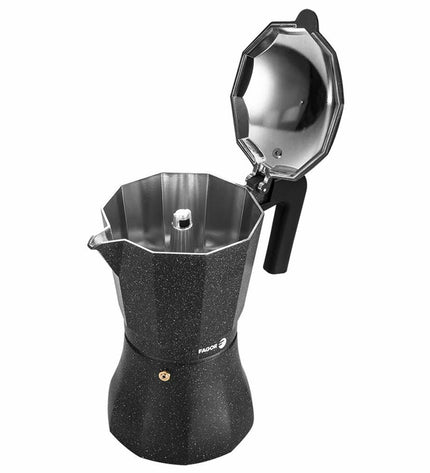 Fagor TIRAMISU 6 Italian coffee pot in black aluminum, designed for brewing authentic Italian espresso at home.
