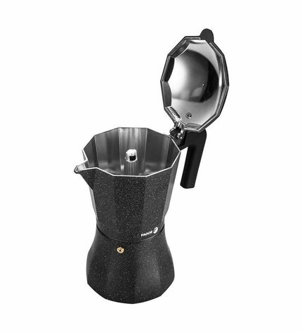 Fagor Tiramisu Italian coffee pot in black aluminium, 6-cup size, suitable for brewing traditional espresso-style coffee.