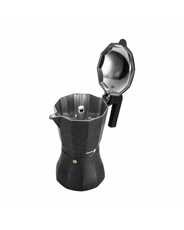 Fagor Tiramisu Italian coffee pot in black aluminium, 6-cup size, suitable for brewing traditional espresso-style coffee.