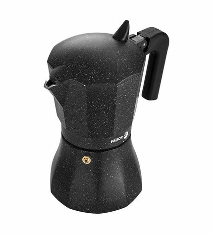 Fagor Tiramisu Italian coffee pot in black aluminium, 6-cup size, suitable for brewing espresso-style coffee at home.