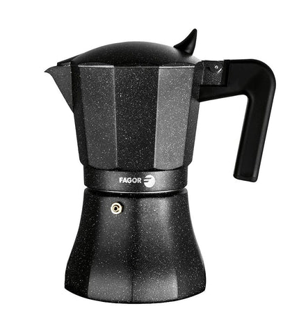 Fagor TIRAMISU 9 Italiaanse koffiepot in zwart aluminium for house and kitchen use, ideal for brewing espresso-style coffee.