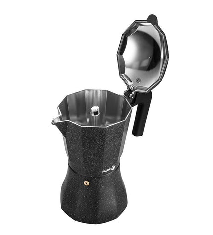 Fagor Tiramisu Italian coffee pot in black aluminum, 9-cup size, designed for brewing traditional espresso-style coffee.