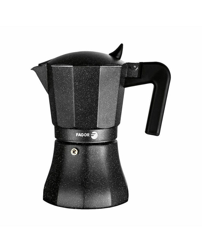 Fagor TIRAMISU 9 black aluminum Italian coffee pot for brewing espresso and rich coffee at home.