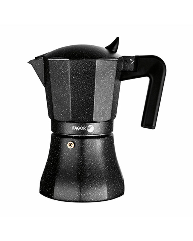 Fagor zwarte aluminium Italiaanse koffiepot met 12 kopjes voor huis en koken, geschikt voor het bereiden van espresso.
