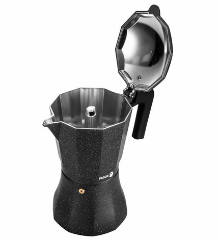 Fagor zwarte Italiaanse koffiepot aluminium voor 12 kopjes, geschikt voor huis en koken, ideaal voor traditionele espresso.