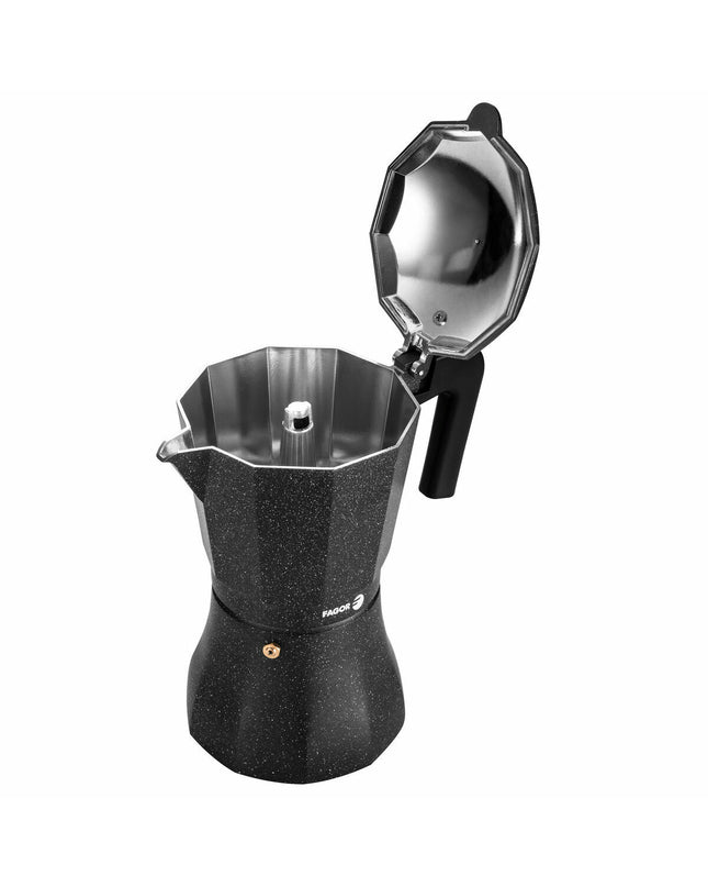 Fagor zwarte Italiaanse koffiepot aluminium voor 12 kopjes, geschikt voor huis en koken, ideaal voor traditionele espresso.