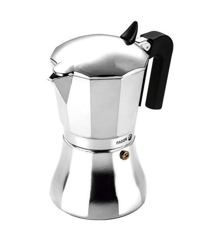 Fagor Italiaanse koffiepot in staal en aluminium, 6-kops, geschikt voor huis en koken, moka espresso maker with handle