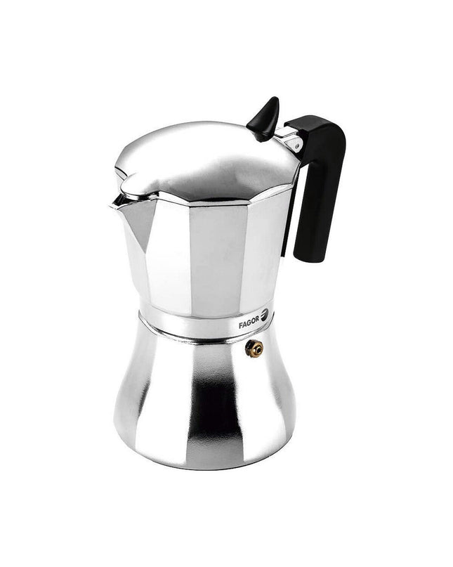 Fagor Italiaanse koffiepot in staal en aluminium, 6-kops, geschikt voor huis en koken, moka espresso maker with handle