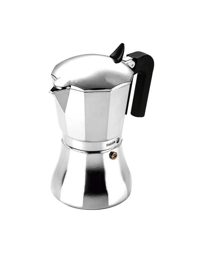 Fagor Italiaanse koffiepot in roestvrij staal en aluminum, 9-kops, geschikt voor huis en koken, perfect voor espresso en koffie.