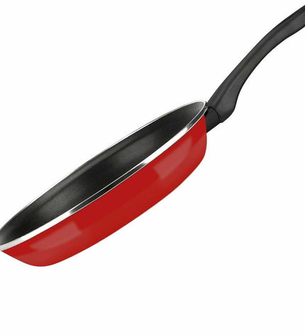 Fagor Optimax red enameled steel frying pan, 28 cm diameter, suitable for home cooking and kitchen use.