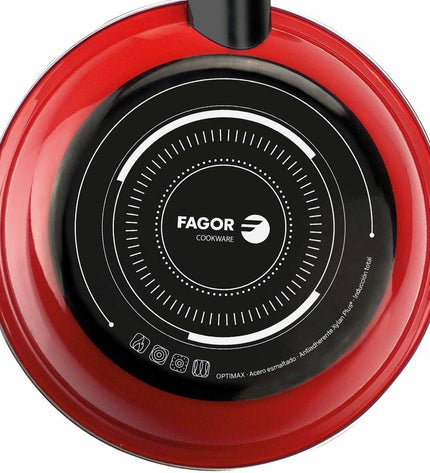 Fagor Optimax red enameled steel frying pan with 28cm diameter, suitable for house and kitchen use.