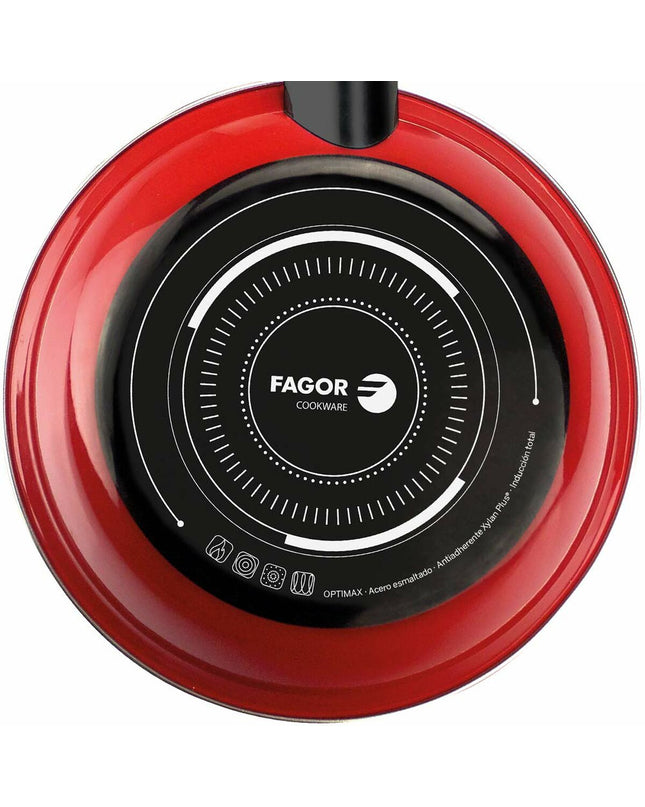 Fagor Optimax red enameled steel frying pan with 28cm diameter, suitable for house and kitchen use.