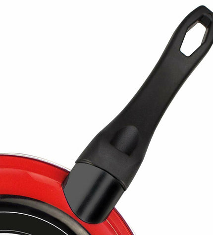 Fagor Optimax red enameled steel pan with 28cm diameter, ideal for cooking in the kitchen, showing a glossy red exterior.