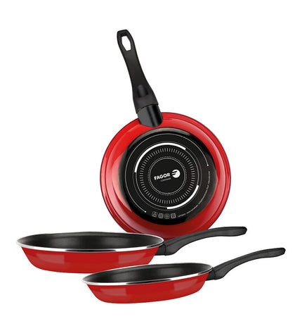 Fagor red cookware set featuring multiple pots and pans, ideal for home cooking and kitchen use.