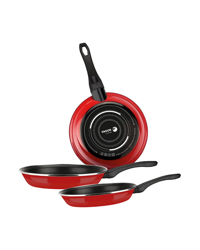 Fagor red cookware set featuring multiple pots and pans, ideal for home cooking and kitchen use.