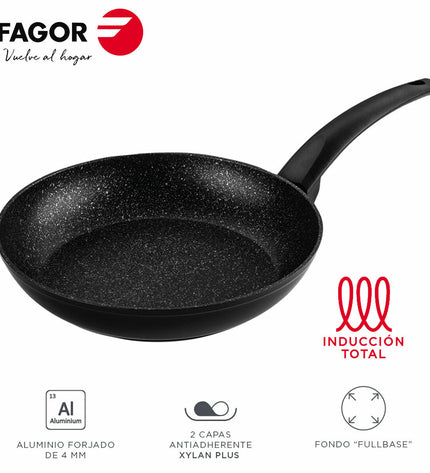 Fagor VIVANT black aluminium frying pan with 20 cm diameter, suitable for home cooking and kitchen use.