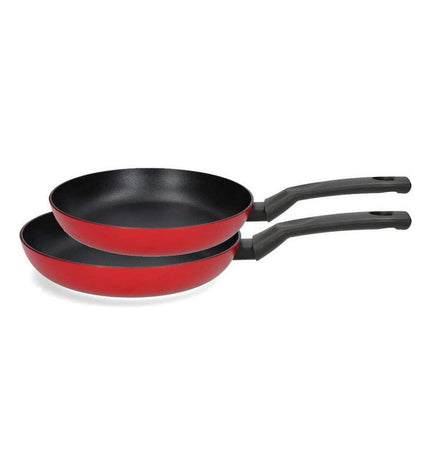 Fagor black and red aluminium cookware set with frying pans and pots for home cooking, kitchen and kitchenware.