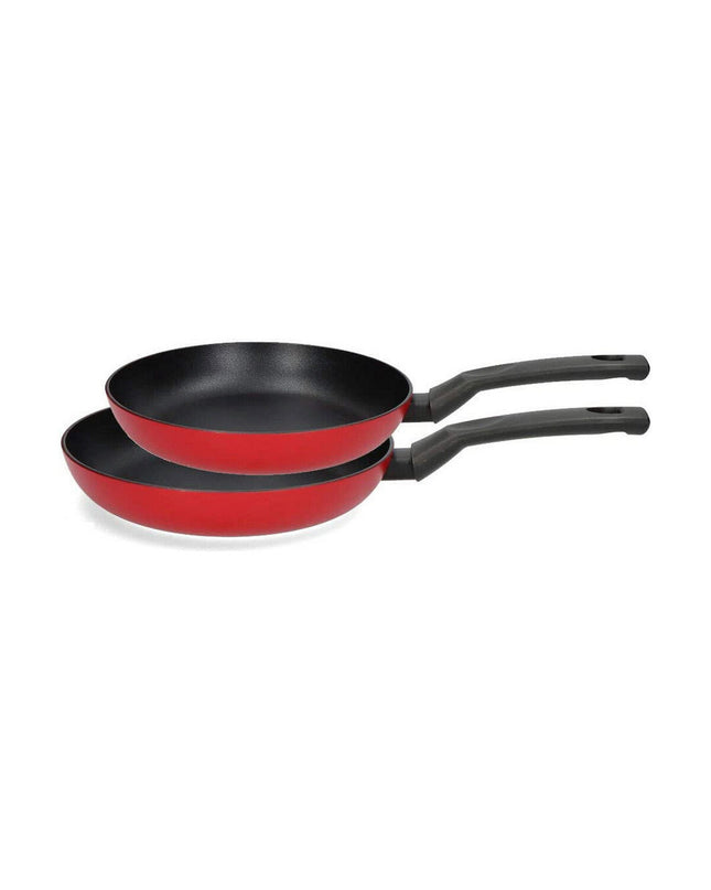 Fagor black and red aluminium cookware set with frying pans and pots for home cooking, kitchen and kitchenware.