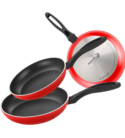 Fagor aluminium cookware set with Bakelite handles, includes pots and pans for home cooking and kitchen use.