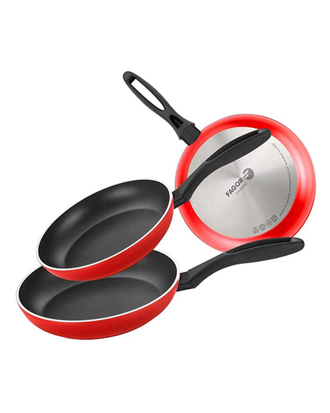 Fagor aluminium cookware set with Bakelite handles, includes pots and pans for home cooking and kitchen use.
