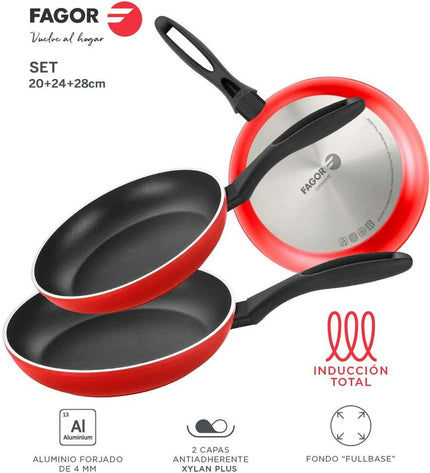 Fagor aluminium cookware set with Bakelite handles, kitchen utensils for home cooking, shown with pots and pans on a kitchen countertop.