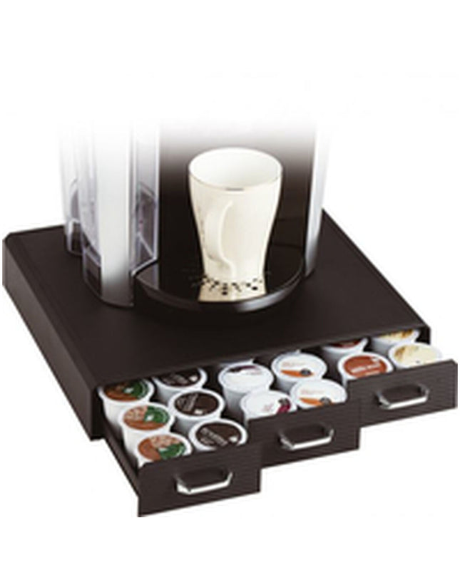 Black Archivo 2000 coffee capsule organizer in polyestyreen with multiple compartments for storing coffee capsules.