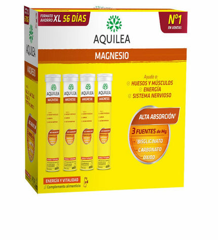 Aquilea Magnesium supplement box with 56 citroen-flavored tablets, for health and mineral support, in a white and yellow package.