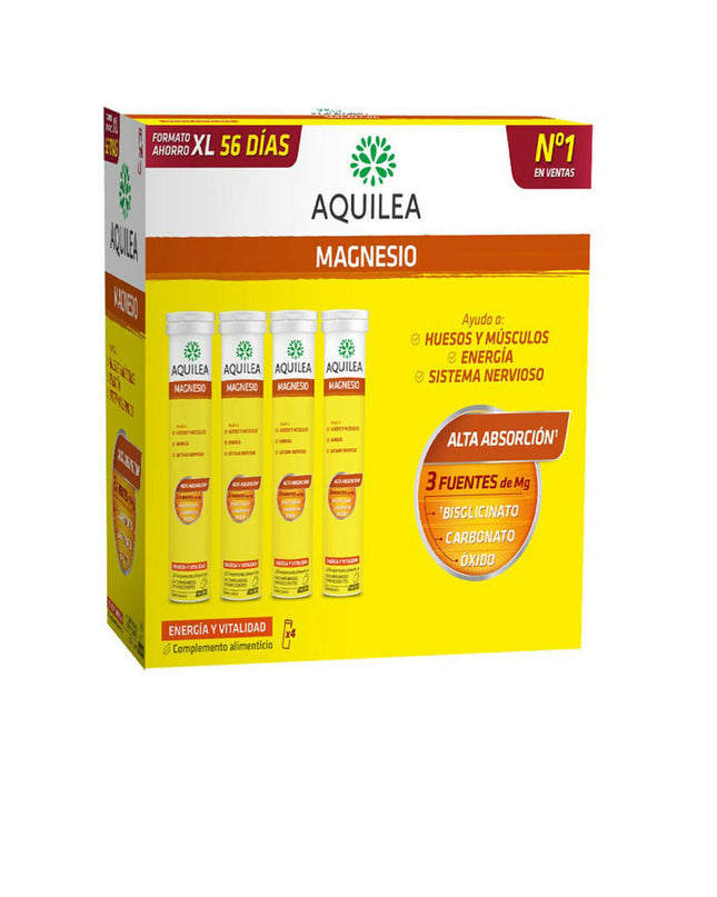 Aquilea Magnesium supplement box with 56 citroen-flavored tablets, for health and mineral support, in a white and yellow package.