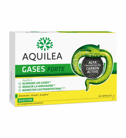 Aquilea Spijsverteringssupplement Gases, 60 capsules, for digestion support, in a white bottle with label details.