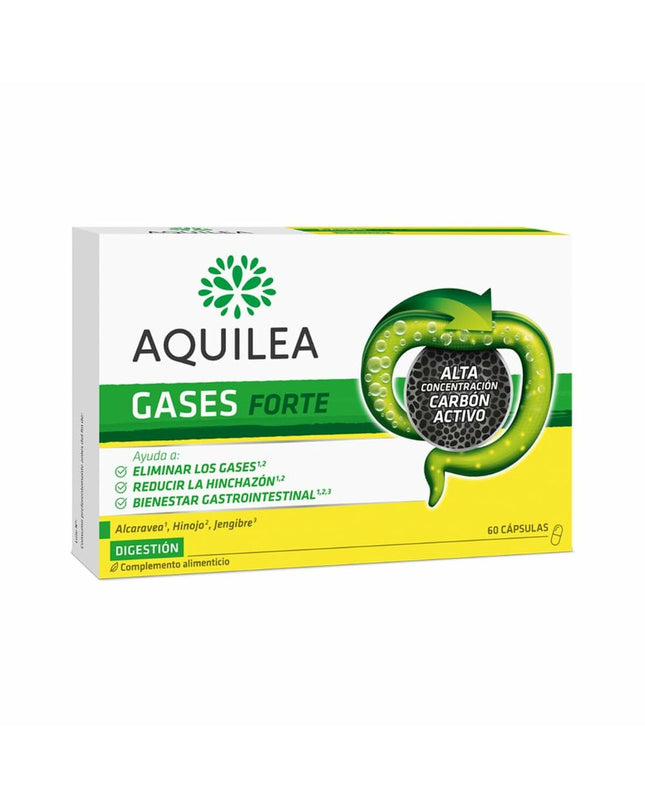 Aquilea Spijsverteringssupplement Gases, 60 capsules, for digestion support, in a white bottle with label details.