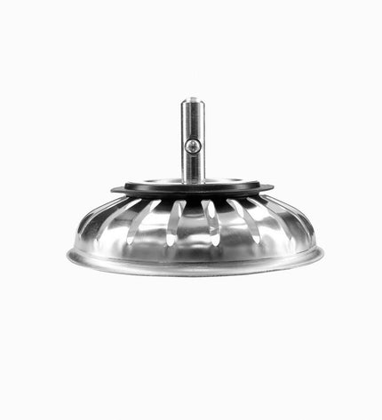 Fontastock bathroom drain stopper, 74 x 59 x 8 mm, for kitchen and bath, in a close-up image showing the black rubber and metal construction.