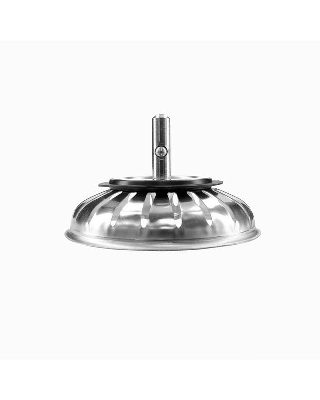 Fontastock bathroom drain stopper, 74 x 59 x 8 mm, for kitchen and bath, in a close-up image showing the black rubber and metal construction.