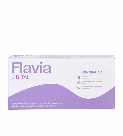 Box of Flavia Menopausia dietary supplements with 30 capsules for menopause support, health and personal care product.