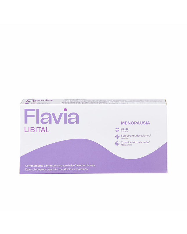 Box of Flavia Menopausia dietary supplements with 30 capsules for menopause support, health and personal care product.