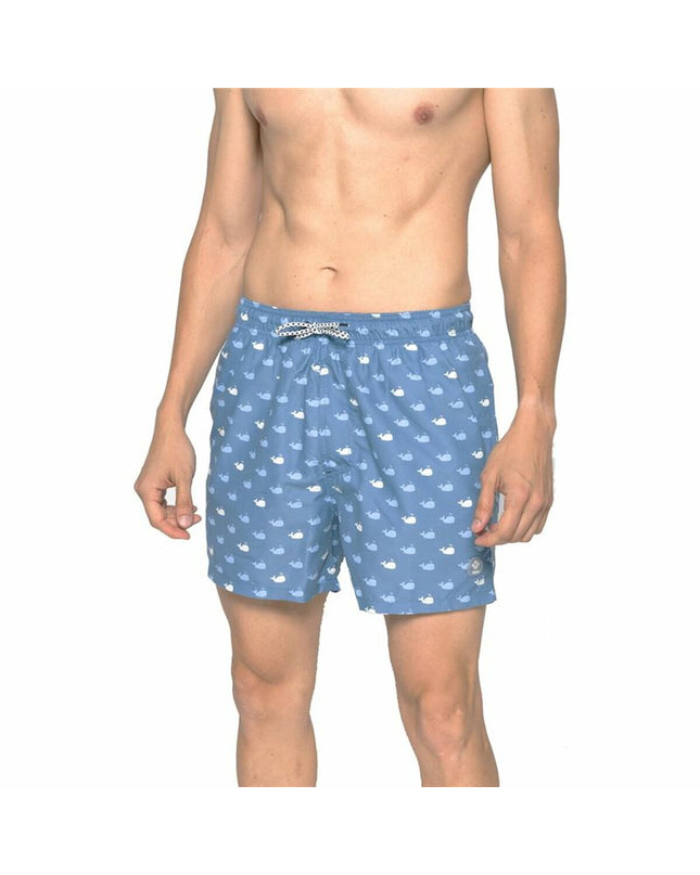 Alphaventure Herenzwembroek Epasi, sport en outdoor watersport swim trunks with blue and black design, quick-drying fabric.