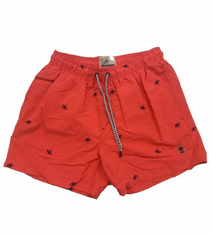 Red Alphaventure men's swim trunks, Karela style, designed for sports and watersports, shown on a model.