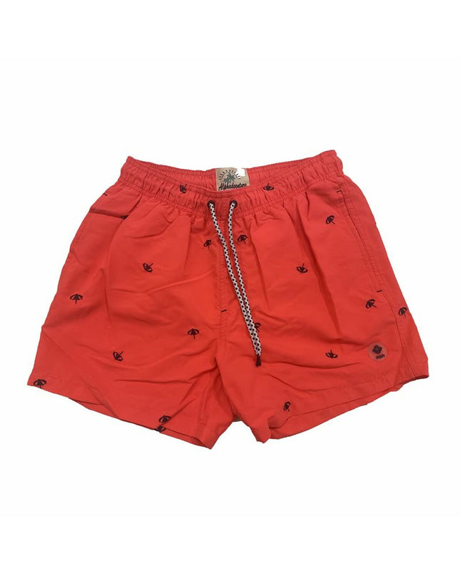 Red Alphaventure men's swim trunks, Karela style, designed for sports and watersports, shown on a model.