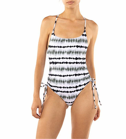 Alphaventure damesbadpak in wit en zwart, sport en outdoor watersport swimsuit, close-up of front design and fabric details.