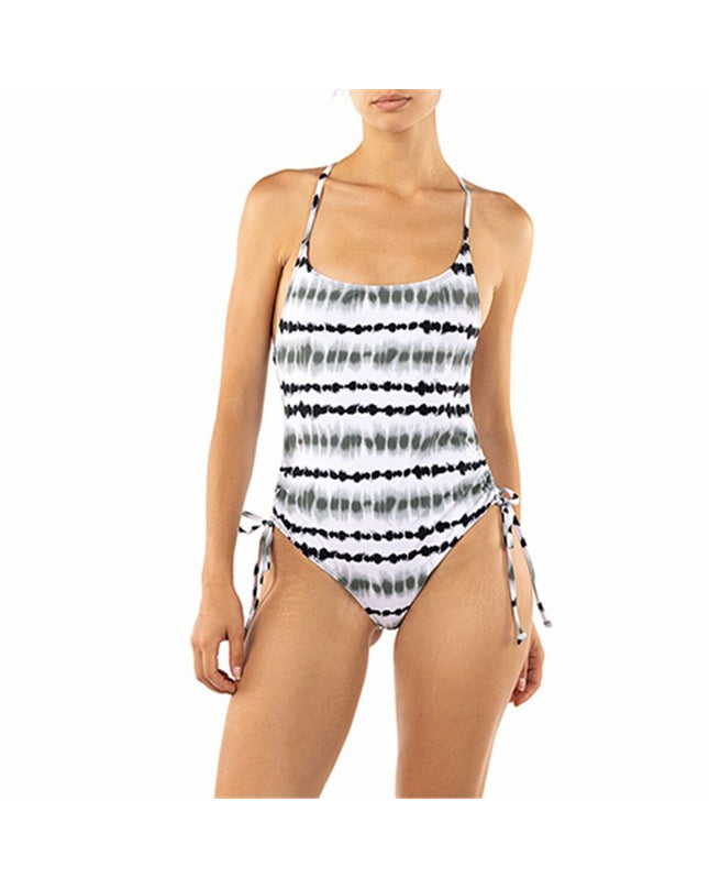 Alphaventure damesbadpak in wit en zwart, sport en outdoor watersport swimsuit, close-up of front design and fabric details.