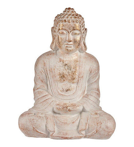 Decoratieve tuinfiguur van Ibergarden, wit en goud, Boeddha beeld in polyresin voor buiten, 25x57x42.5 cm.