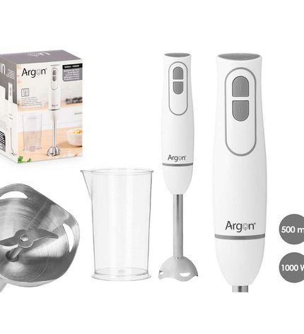 Argon handblender in white and gray with 1000W power, shown with blending attachments for kitchen and cooking tasks.