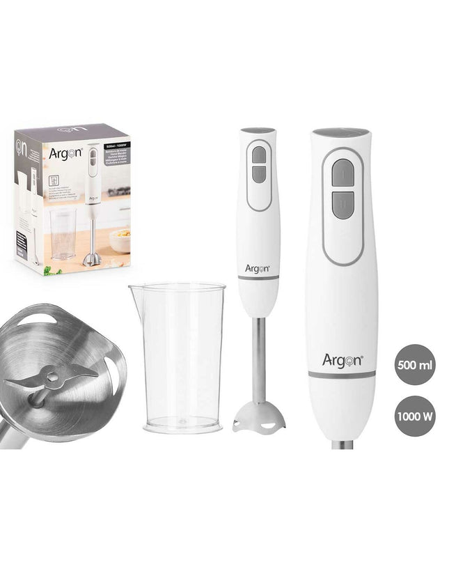 Argon handblender in white and gray with 1000W power, shown with blending attachments for kitchen and cooking tasks.