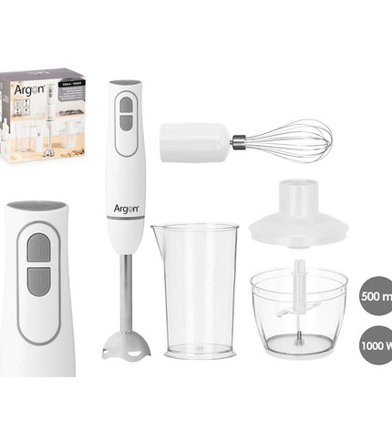 Argon handblender in white and gray with 1000W power, suitable for kitchen blending tasks, on a countertop.
