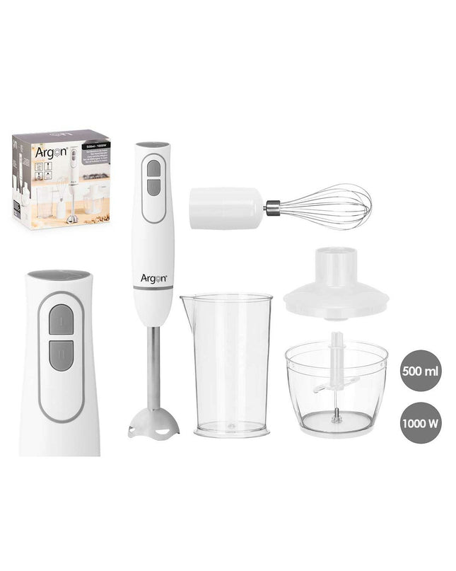 Argon handblender in white and gray with 1000W power, suitable for kitchen blending tasks, on a countertop.