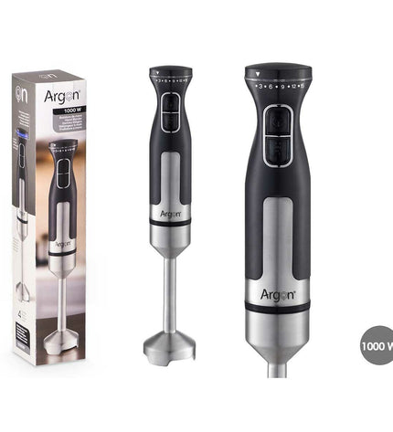 Argon black stainless steel hand blender with 1000W motor, suitable for kitchen blending and cooking tasks.