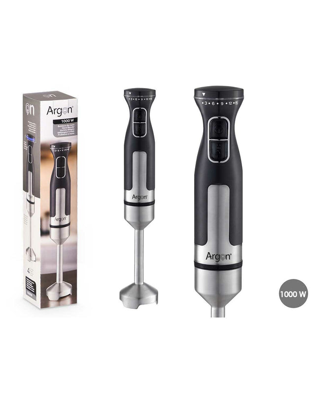 Argon black stainless steel hand blender with 1000W motor, suitable for kitchen blending and cooking tasks.